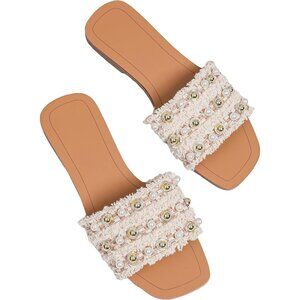 Women's Pink Brown Block Faux Pearls Decor Summer Flat Slides Sandals Shoes